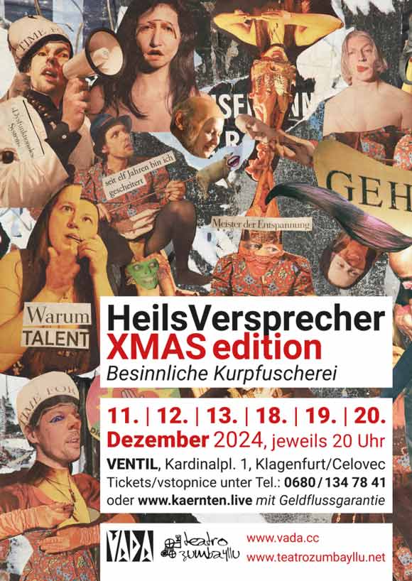 Plakat zur partizipativen Performance HeilsVersprecher XMas Edition 2024 von VADA und teatro zumbayllu in Klagenfurt/Celovec