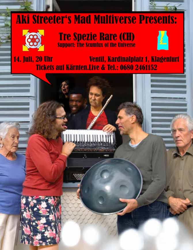 poster for upcoming concert of tre spezie rare at ventil klagenfurt/celovec