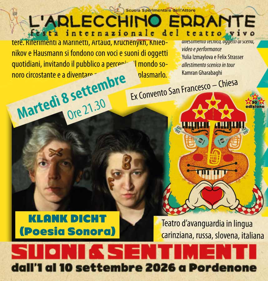 Reklame f&uuml;r ein Gastspiel von VADA in Pordenone, Festival L'Arlecchino Errante am 8. September 2026