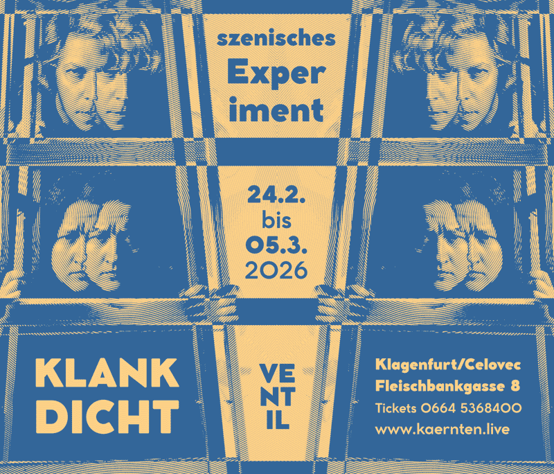 Plakat Performance KLANK DICHT von VADA mit Yulia Izmaylova und Felix Strasser ab 24. Februar 2026 im Kulturzentrum VENTIL Klagenfurt/Celovec