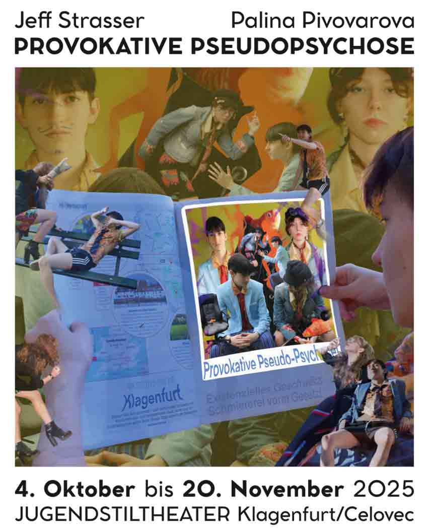 Plakat Ausstellung von Jeff Strasser und Palina Pivovarova im Jugendstiltheater Klagenfurt/Celovec ab 4. Oktober 2025