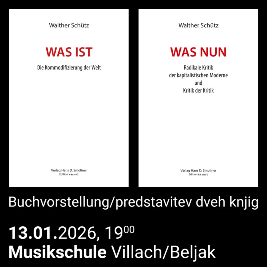 Plakat Lesung Buchvorstellung Walther Sch&uuml;tz in Villach/Beljak am 13. J&auml;nner 2026